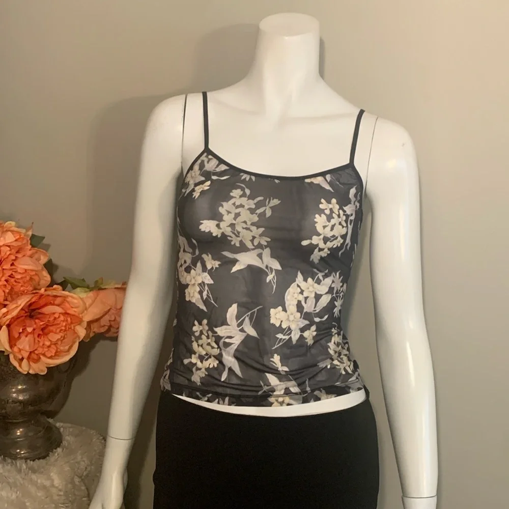 Sheer floral cami, black with gray & cream Small - Picture 1 of 5